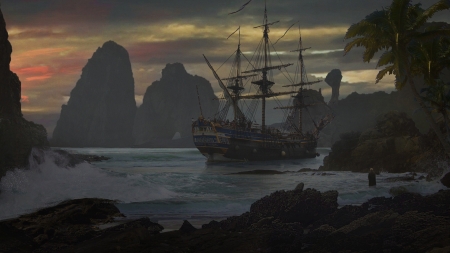 Ship - beach, palm tree, water, david tilton, fantasy, lumunos, ship, art, sea