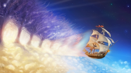 :-) - fantasy, winter, wind, blue, ship, flying, tree