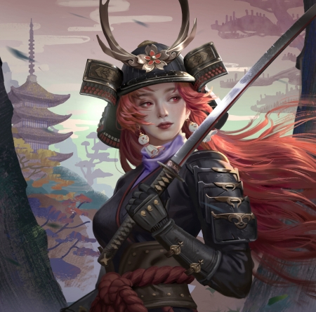 Warrior girl - redhead, girl, warrior, chen gang, armor, asian, fantasy, luminos, katana, sword