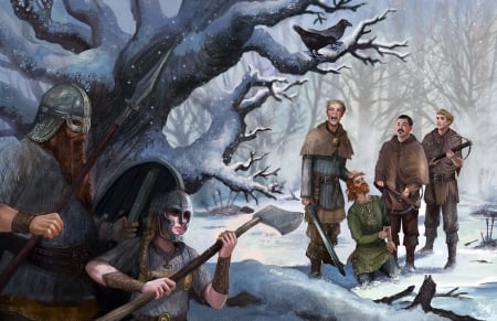 Sword, Axe, Spear & Shield - winter, people, snow, art, warriors