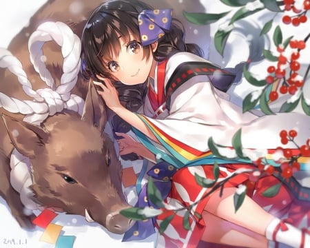 :-) - pig, anime, chinese zodiac, brown, girl, mmu, flower, manga, animal, boar, year of the boar