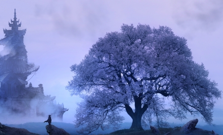 Oriental spring - pink, tacosauceninja, spring, silhouette, blue, oriental, fantasy, tree, luminos, man