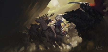 :-) - fantasy, wolf, girl, dao le trong, art, reindeer