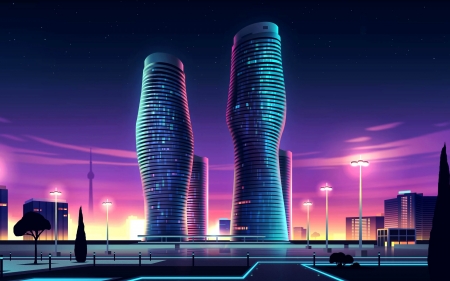 :-) - fantasy, roman trystram, blue, vector, city, pink, buildings, luminos