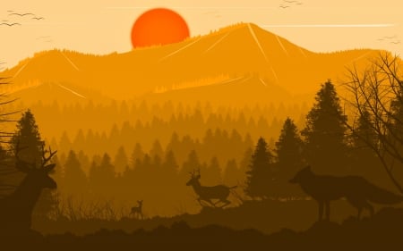 Sunset - vector, silhouette, mountain, sunset, deer, wolf, fox, brown, forest, orange, tree