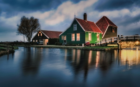 * - house, bridge, water, clouds