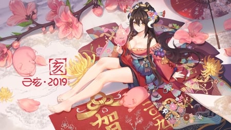 Happy New Year! - girl, pig, piglet, year of the pig, chinese zodiac, red, pink, criin, anime, flower