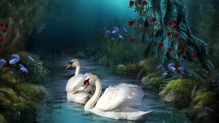 Swan Fantasy Forest - birds, pond, mystical, forest, magical, fantasy, swans, mates, lake, woods