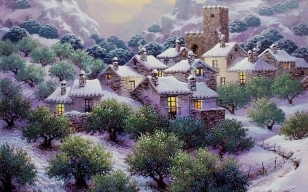 rustic village - winter, painting, houses, pink