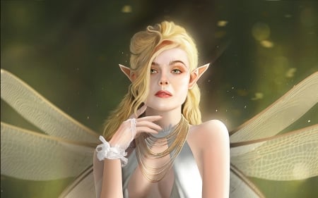 Fairy - girl, blonde, fantasy, hand, green, wings, fairy, luminos, hosne qanadelo