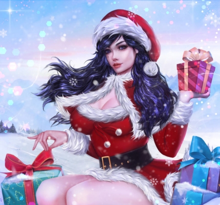 Merry Christmas! - hat, blue, girl, tigrsasha, pink, christmas, santa, fantasy, craciun, red, gift, luminos