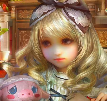 Alice - library, girl, shu little bit, piglet, fantasy, shu, alice, face, luminos, pink