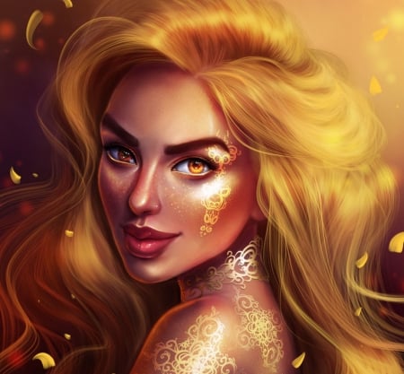 Gold - fantasy, girl, gold, face, sandra winther, sandrawinther, luminos