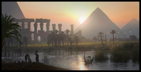 Dusk on Nile Valley - nile valley, egypt, palm tree, water, raphael lacoste, fantasy, art, luminos, dusk