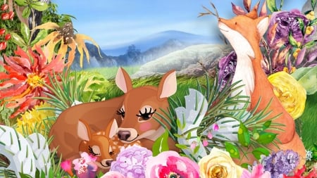 Natures Creatures - fawn, fox, forest, flowers, deer, garden, mountains, sky, wild