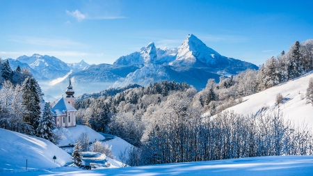 Bavarian Alps - landscape, church, snow, winter, mountains