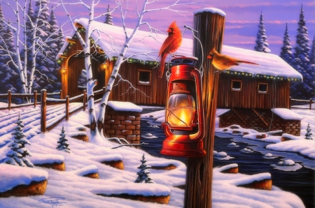 A Touch of Warmth - bridges, winter, rivers, paintings, snow, holidays, xmas and new year, lantern, cardinals, nature, cabins, Christmas, love four seasons