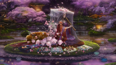 Her Dream Place - woman, flute, girl, wallpaper, fantasy, deer, art, musician, pretty, island, flowers, digital