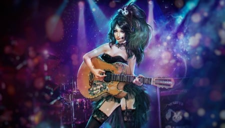 Singer - purple, guitar, instrument, girl, blue, fantasy, tigrsasha, singer, alexandra cvetkova