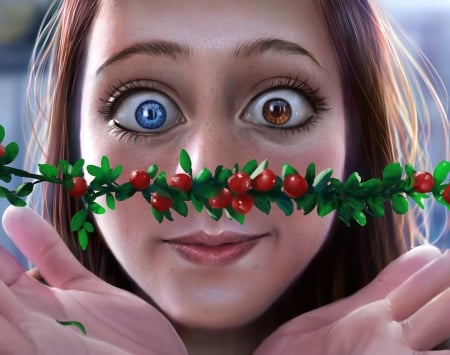 Merry retrospection - jackson tjota, mistletoe, girl, eyes, christmas, fantasy, hand, craciun, red, green, face, luminos