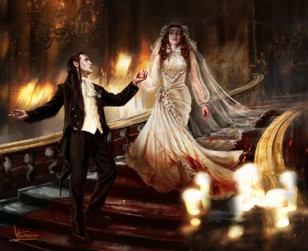 Welcome home - bride, innavjuzhanina, girl, man, vampire, fantasy, stairs, lights, couple, inna vjuzhanina, art, luminos