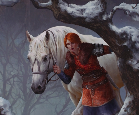 :) - redhead, bogna gawronska, girl, iarna, winter, fantasy, white, art, horse, luminos, animal, cal