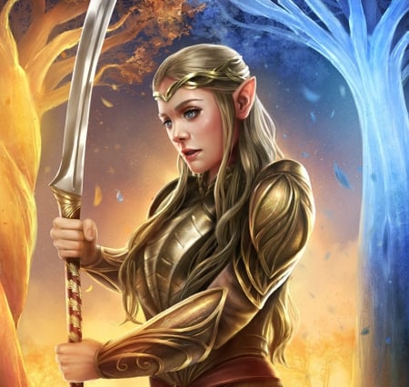 Warrior elf - armor, elf, fantasy, jackson tjota, warrior, girl, golden, luminos