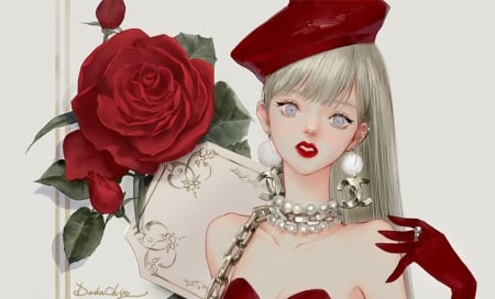 Christmas girl - craciun, hat, girl, jewel, rose, fantasy, christmas, dadachyo, luminos, red, glove, flower, blonde