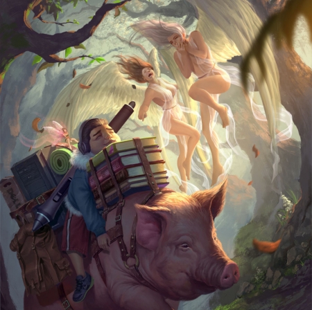 Day dreaming - iqnatius budi, angel, luminos, boy, pink, pig, book, fantasy