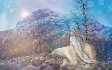 East of the sun, west of the moon - annewipf, winter, blue, girl, fantasy, white, iarna, polar bear, luminos