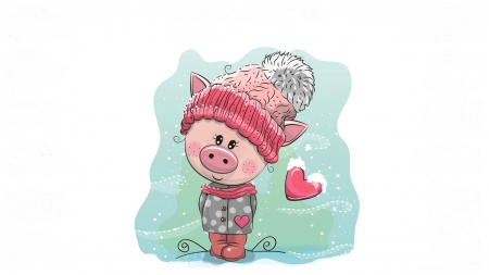 Year of the Pig - hat, pig, winter, heart, blue, chinese zodiac, piglet, iarna, year of the