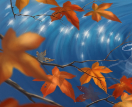 Autumn - fantasy, water, blue, autumn, orange, leaf, crystal rain