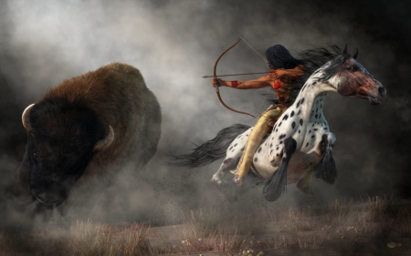 Buffalo hunt - native, archer, buffalo, indian, deskridge, man, horse, hunt, fantasy