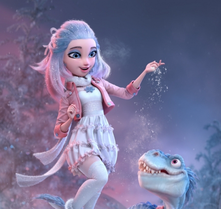 Dinogirl - winter, blue, dinosaur, girl, carlos ortega elizalde, pink, fantasy, iarna, luminos