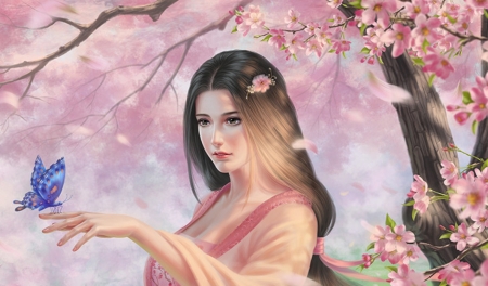 Princess - cherry blossom, sakura, girl, flower, petals, pink, buttefly, frumusete, fantasy, hand, princess, crystal rain, luminos