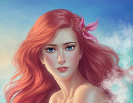 Ariel - redhead, girl, frumusete, face, luminos, mermaid, pink, crystal rain, flower