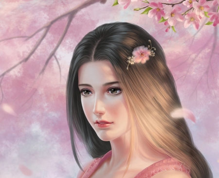 Princess - girl, princess, face, asain, crystal rain, petals, pink