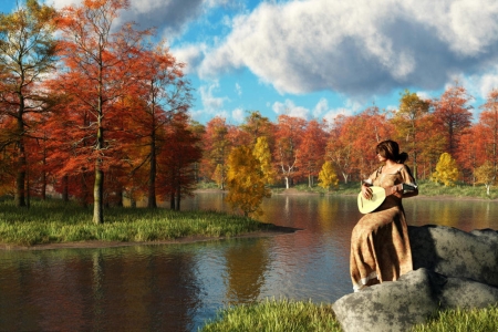 Autumn serenade - water, deskridge, orange, tree, guitar, fantasy, instrument, serenade, autumn, luminos