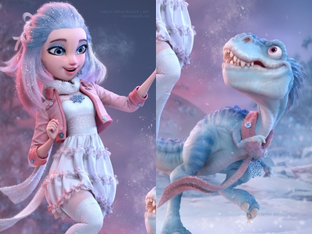 Dinogirl collage - carlos ortega elizalde, girl, collage, dinosaur, pink, blue, winter, fantasy