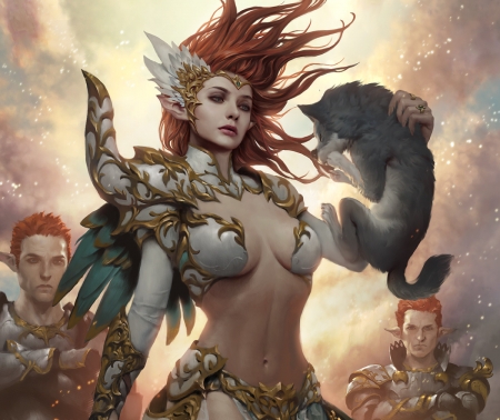 :) - fantasy, wind, redhead, cub, wolf, girl, lasahido