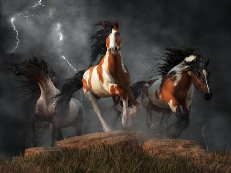 Mustangs of the storm - horse, animal, fantasy, storm, deskridge, mustang, cal