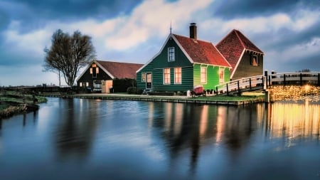 At the River - reflections, sky, houses, clouds, artwork, lights