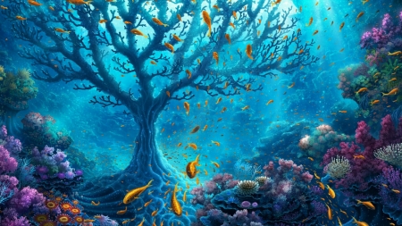 Golden Fish Reef - fantasy, blue, gold, background, tree, leaves