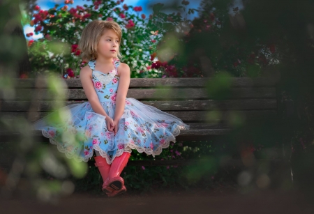 :) - blue, boots, dress, girl, flower, pink, copil, child, bench