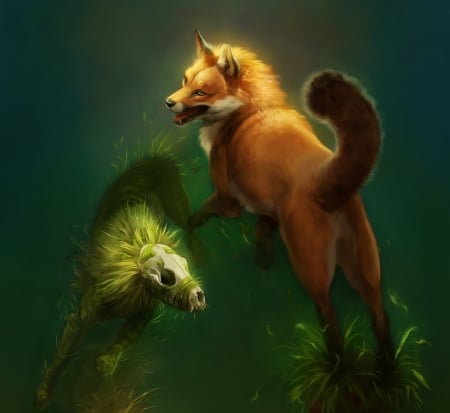 Death dance - tamberella, death, bones, dance, vulpe, fantasy, fox, art, luminos, orange, green