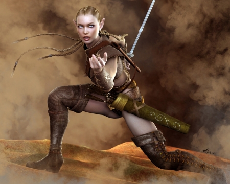 Elf girl - sword, fantasy, elf, luminos, girl