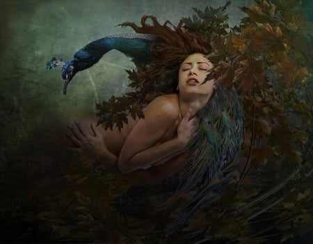 Mermaid with peacock - autumn, vara, summer, leaf, madink art, fantasy, pasare, bird, peacock, art, mermaid, siren, luminos, paun