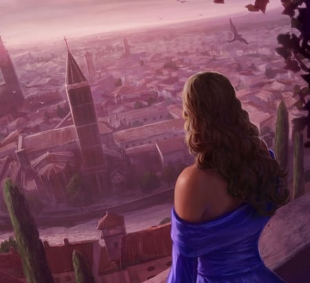 Lady Montague - blue, girl, city, pink, lady montague, fantasy, view, javier charro, art, luminos