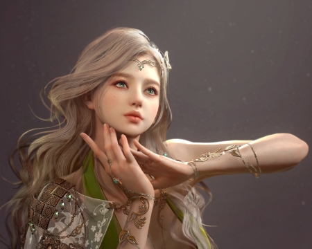 Beauty - fantasy, blonde, hand, luminos, girl, jin kyoung shim, frumusete