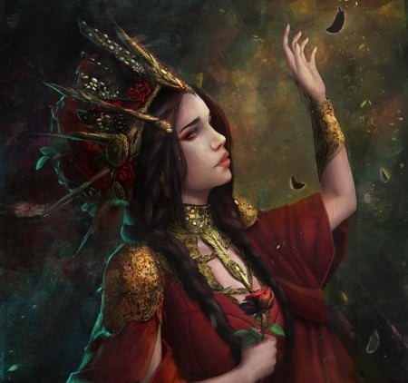 Farewel - red, fantasy, julijana mijailovic, hand, luminos, girl, queen, art